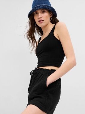 GAP Crinkle Gauze High Rise Pull-On Shorts Black Casual Cotton Knit Summer